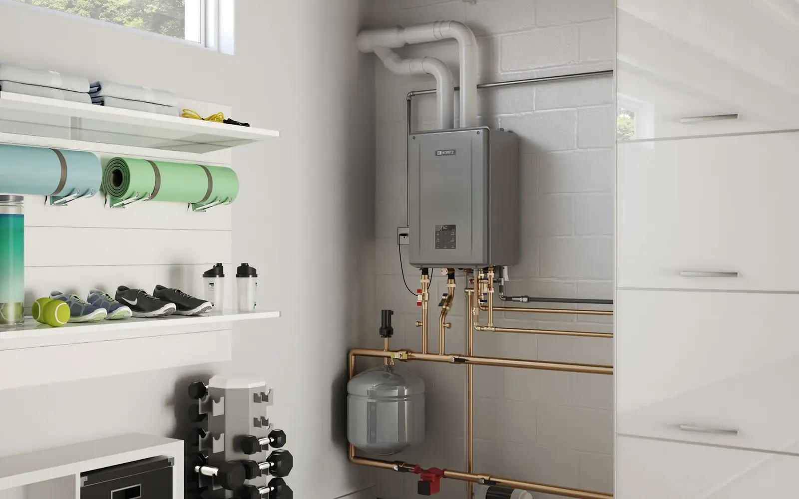 Noritz tankless installation with venting, valves, and copper piping